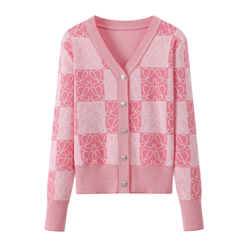 

Causal Pink Cardigan Women Spring Autumn Long Sleeve Sweater Plaid Knitted Top Outwear Jumpers