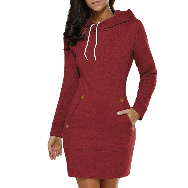 Autumn Popular Womens Knee-Length Pockets Dress Hooded Warm Sweat Shirt Long Sleeve Side Zip Neckline Simple Casual Sports Skirt