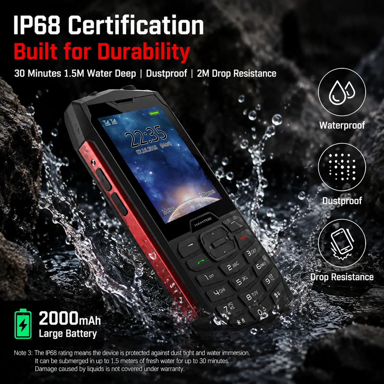 HAMTOD H3 IP68 Waterproof Rugged 4G Feature Phone 2.8 Inch Big Button 2000mAh Long Standby Dustproof Drop Resistant Mobile Phone