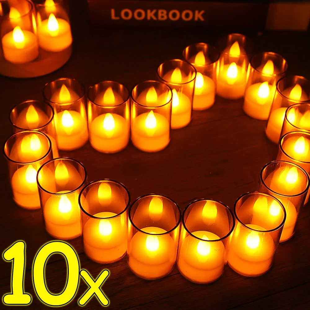 

1-10pcs Candle Lights LED Electronic Candle Lamp Flameless Acrylic Cup Tea Lights Warm Light Battery Powered Holiday Decoration