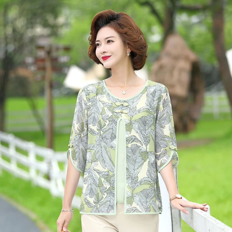 

Women's Floral Print Blouse false two-piece Half Sleeve Button Casual Chiffon Shirt