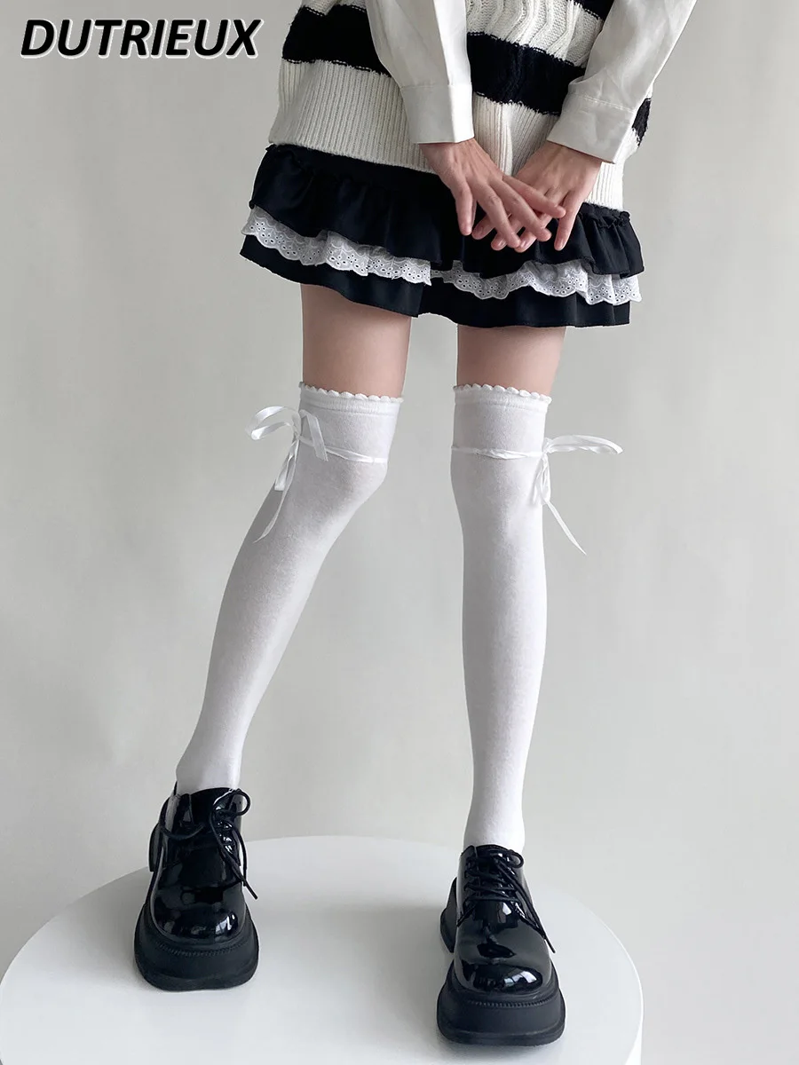 Pure Desire White Ribbon Bow Thigh High Socks Sweet Cute Girl Japanese College Style Lace Over The Knee Cotton Stockings