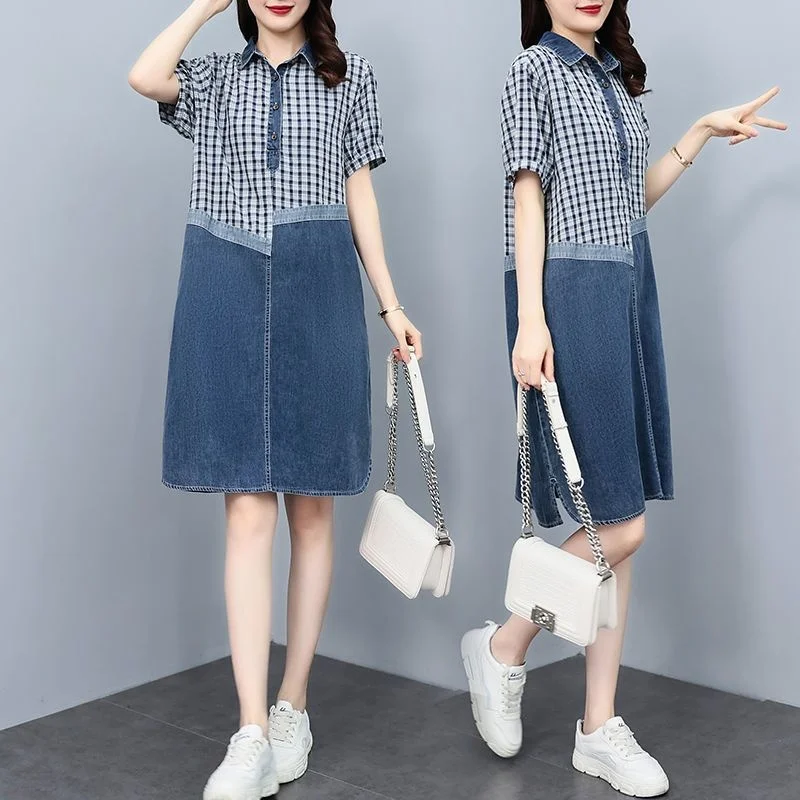 Summer Women\'s Dress Clothing Vintage Plaid Print Patchwork Denim Midi Dress Casual Short Sleeve Loose Streetwear Jean Dresses