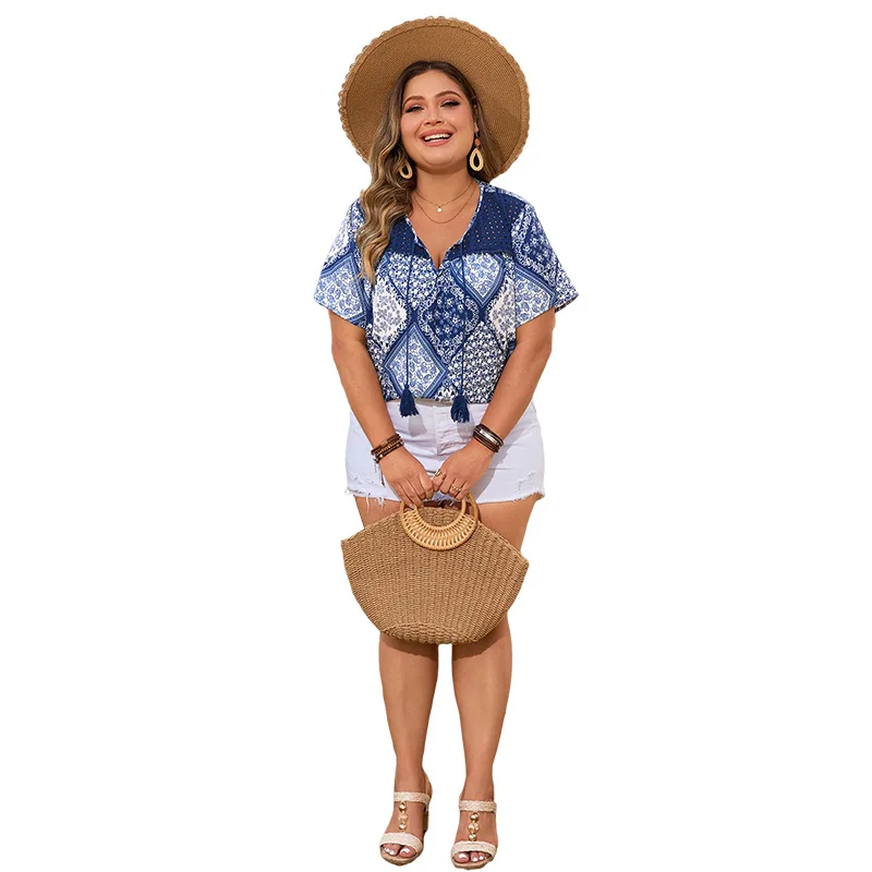 Plus Size Blouse for Women Short Sleeve Bohemian Style Oversized Loose Casual Shirts V Neck Summer Tops