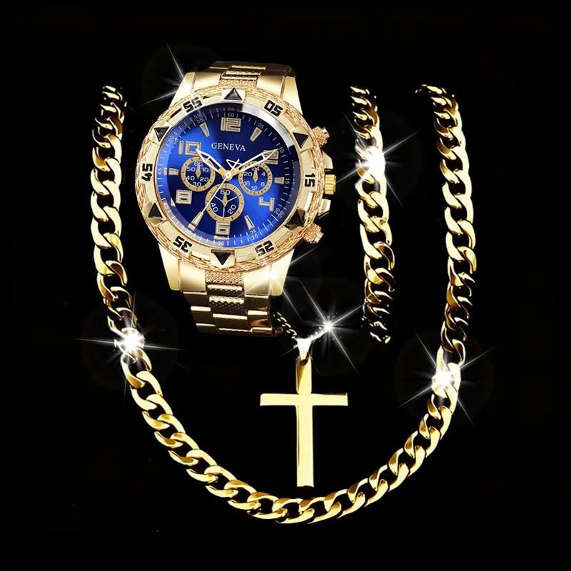 

4 шт. Модные мужские деловые часы с арабским циферблатом, набор с браслетом и ожерельем, роскошные мужские кварцевые наручные часы Reloj Hombre (без коробки)