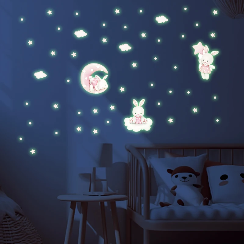 Pink Theme Rabbit Luminous Wall Stickers for Girls Bedrooms Glow In The Dark White Clouds Stars Shine Decal Baby Room Decoration