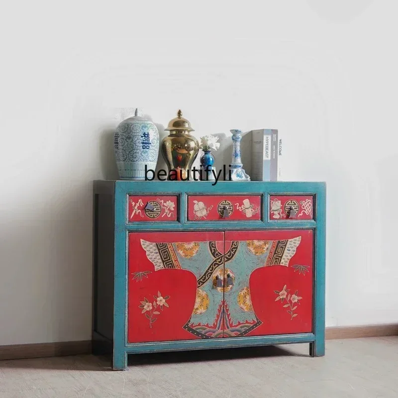 D2520 Novo armário lateral de jantar pintado à mão de madeira maciça estilo chinês, armário de armazenamento, armário de chá de entrada retrô e antigo
