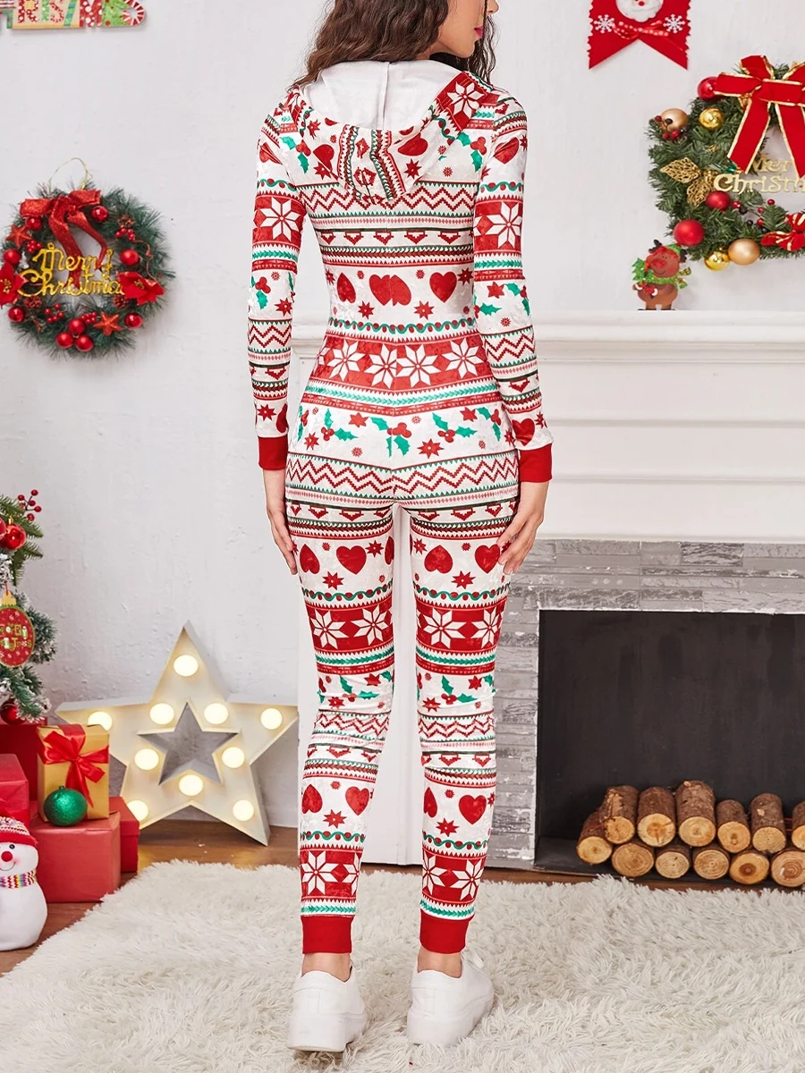 2023 Christmas Outfits Women\'s Long Pajama Romper Long Sleeve Drawstring Heart Star Print Jumpsuit Pajama Lounge Nigntwear