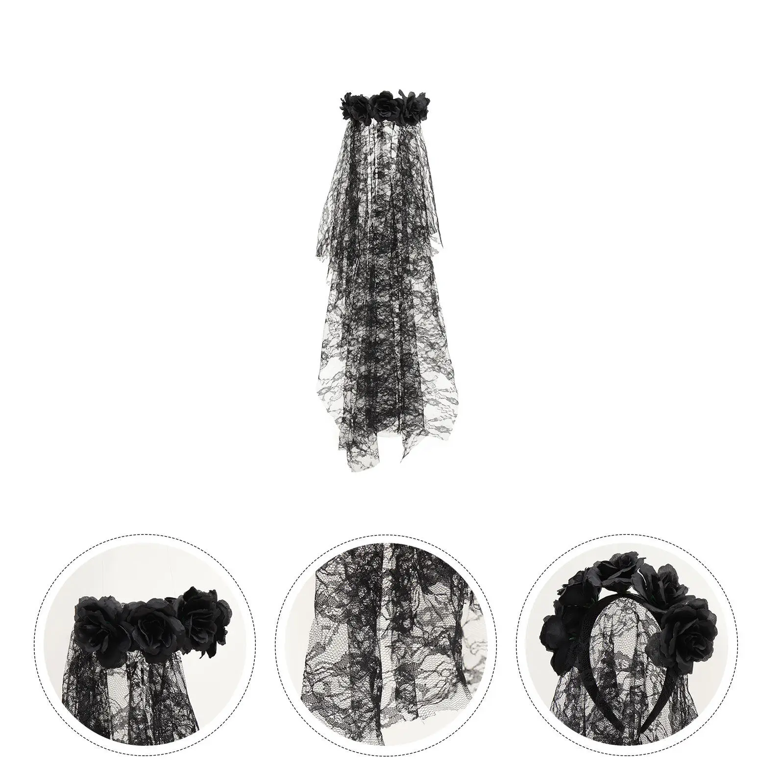 

Fake Rose Headband with Long Veil Floral Design Hair Clasp for Halloween Party Cosplay Festival Wear Stage Performance Photo
