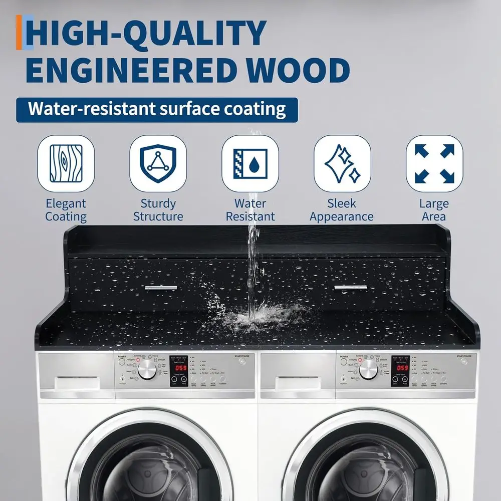 Encimera para lavadora secadora de 2 niveles con 2 cajones, encimera de madera para lavandería con rieles de borde de 2,75 H, cubierta impermeable para lavadora secadora con ingenio
