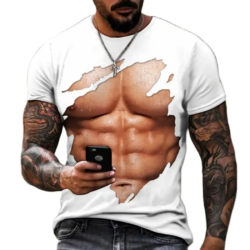 

Muscle Pattern T-shirt Hip Hop Harajuku 3D Fun Street Print Short Summer Men's Leisure Fashion Personality Chest and Abdominal