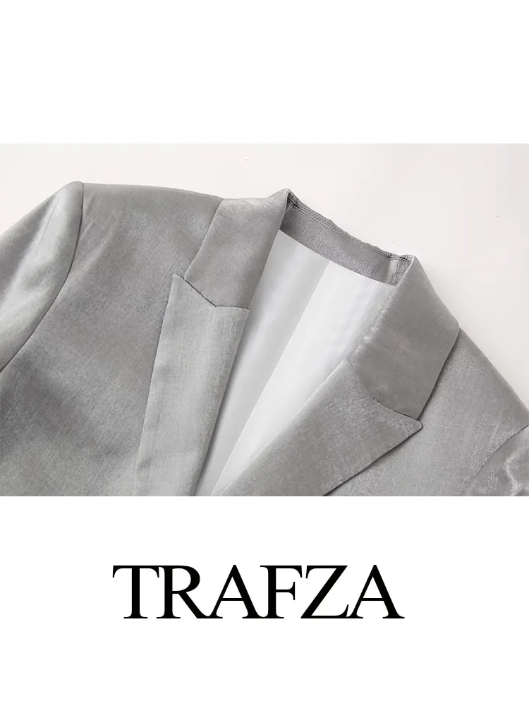 TRAFZA Spring Fashion Women Blazer Coats Silver Turn-Down Collar Long Sleeves Pockets Single Breasted Female Coats Office Lady