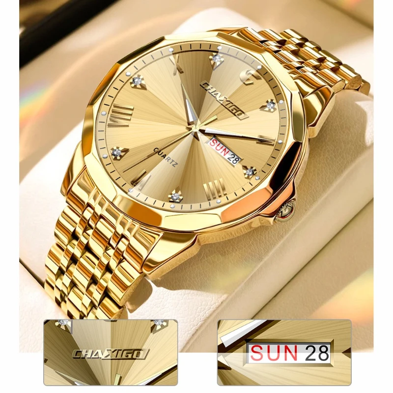 

CHAXIGO 7367 Fashion Men's Quartz Stainless Steel Watch Waterproof Week Night Light Calendar Alloy Watches for Man Reloj Hombre