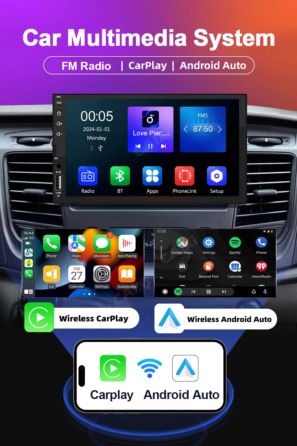 XIMA IPS 7 Inch Wireless CarPlay Android Auto Car Radio Multimedia Player Stereo autoradio Headunit Bluetooth AHD Camera 2din