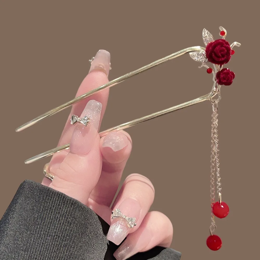 دبوس شعر وردي مخملي أحمر شرابات تصميم رومانسي مستوحى من الصين إكسسوار تقليدي أنيق يومي ساحر ومتطور #5