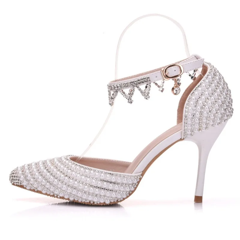 Women's Sandals Party Office Pointed Toe String Bead Buckle Strap PU 9CM Thin Heels Rhinestone Lady Wedding Shoes For Women