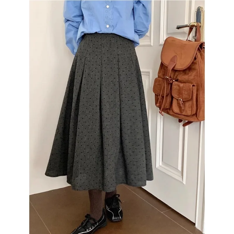 

MiiiiX Korean Retro Polka Dot Midi Skirt Women 2024 Autumn Elastic High Waist Slim Versatile Simple Casual Ruffles Pleated Skirt