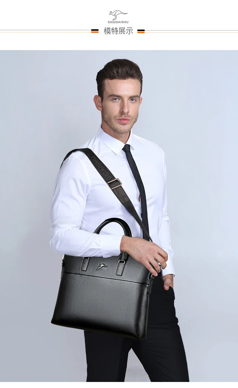 Men PU Leather Business Briefcase Square Tote Handbag Fits A4 Document Laptop Multi Use Messenger Shoulder Crossbody Office Work