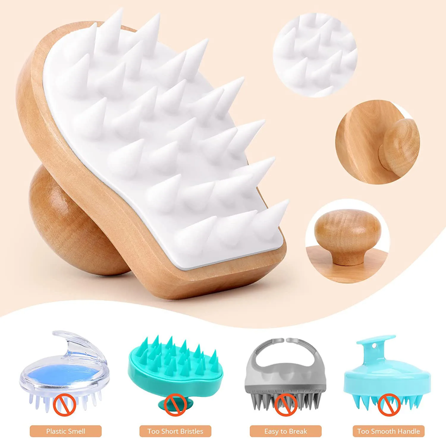 Brosse de massage du cuir chevelu avec poils en silicone souple, brosse de soin du cuir chevelu, épurateur de douche, support en bois, cheveux secs