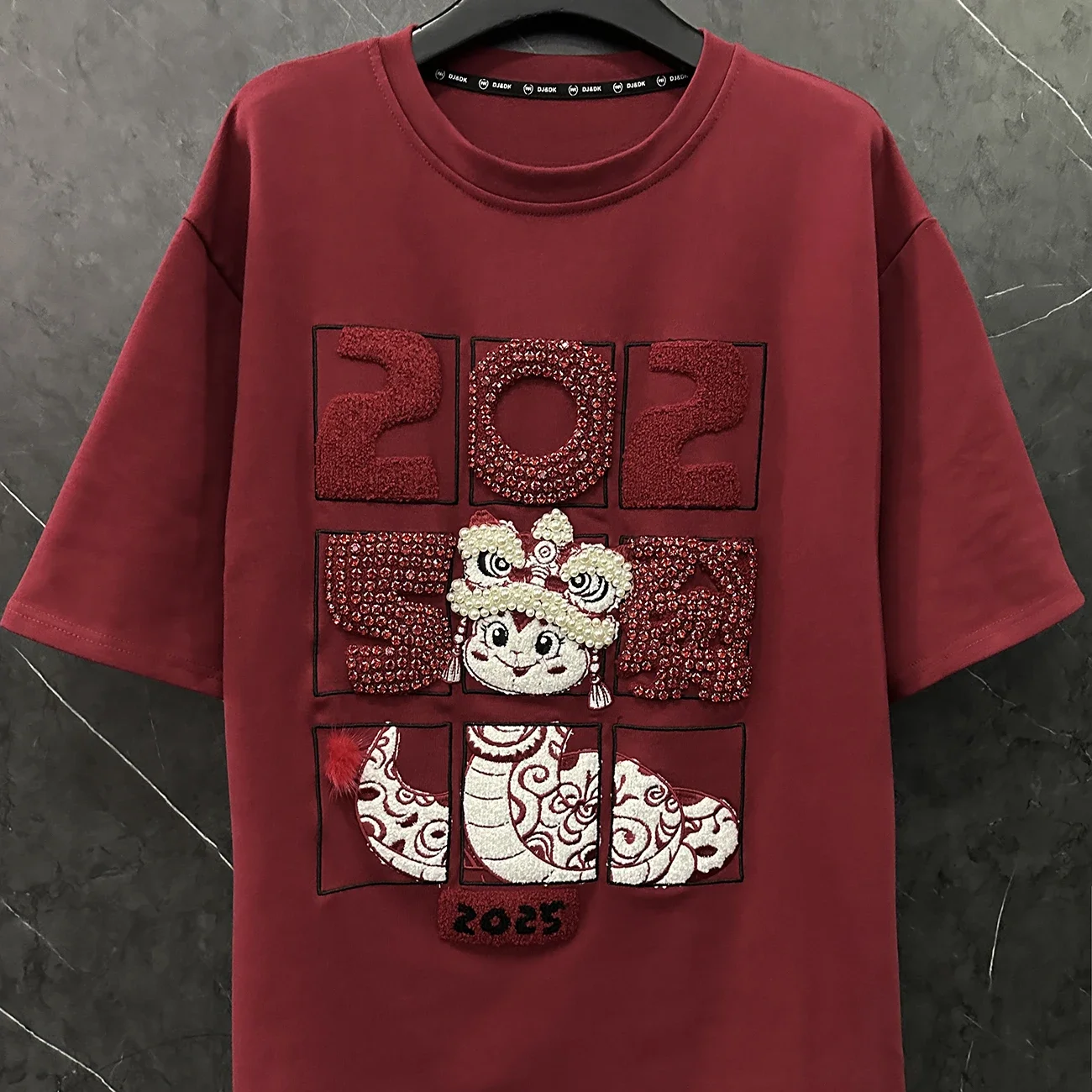 Loose Hot Diamond Red Short Sleeve T-Shirt Women's Autumn Winter Fashion Cartoon Embroidery Bottom Top Kawaii Clothes