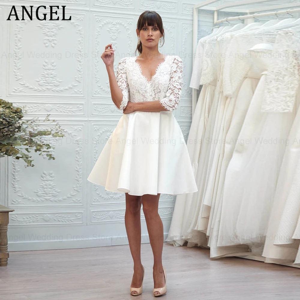 

ANGEL Sexy Lace Wedding Dress For Women Simple Insertable Pocket Satin Vestido De Noiva Short Mini Half Sleeve Bride Party