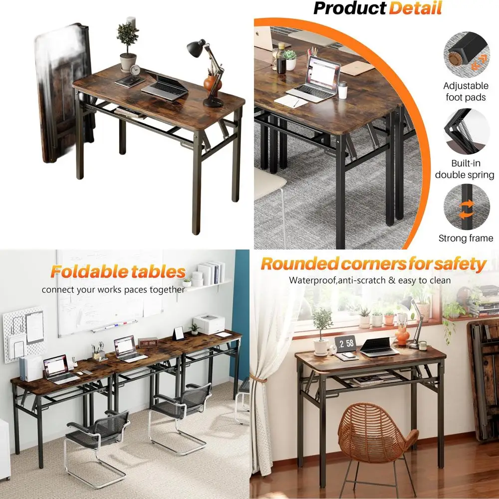 

Compact Folding Desk with Storage for Small Spaces - Home Office Writing Table, Brown