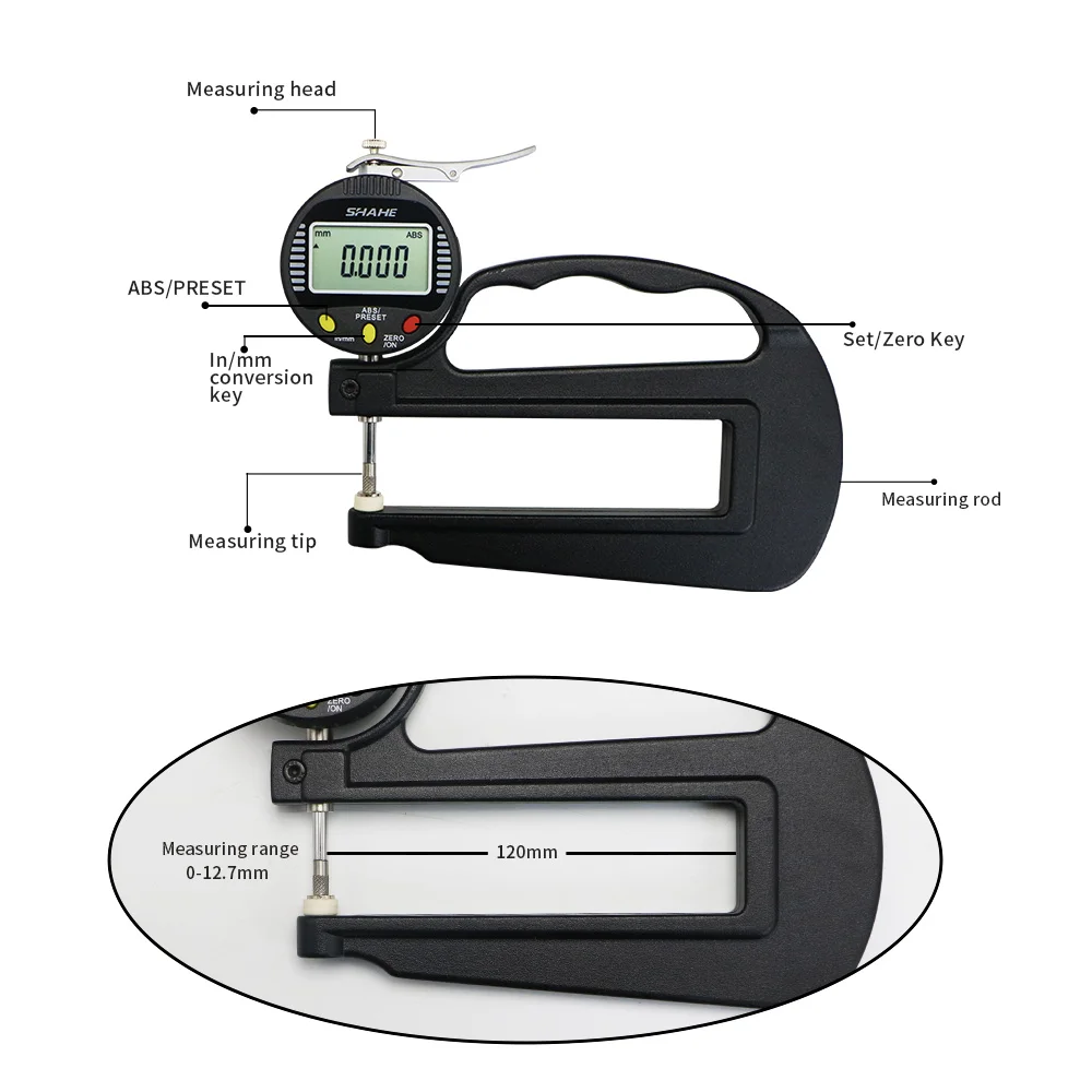 SHAHE 0.001mm 0-12.7mm Leather Thickness Gauge Digital Micron Thickness Gauge Meter