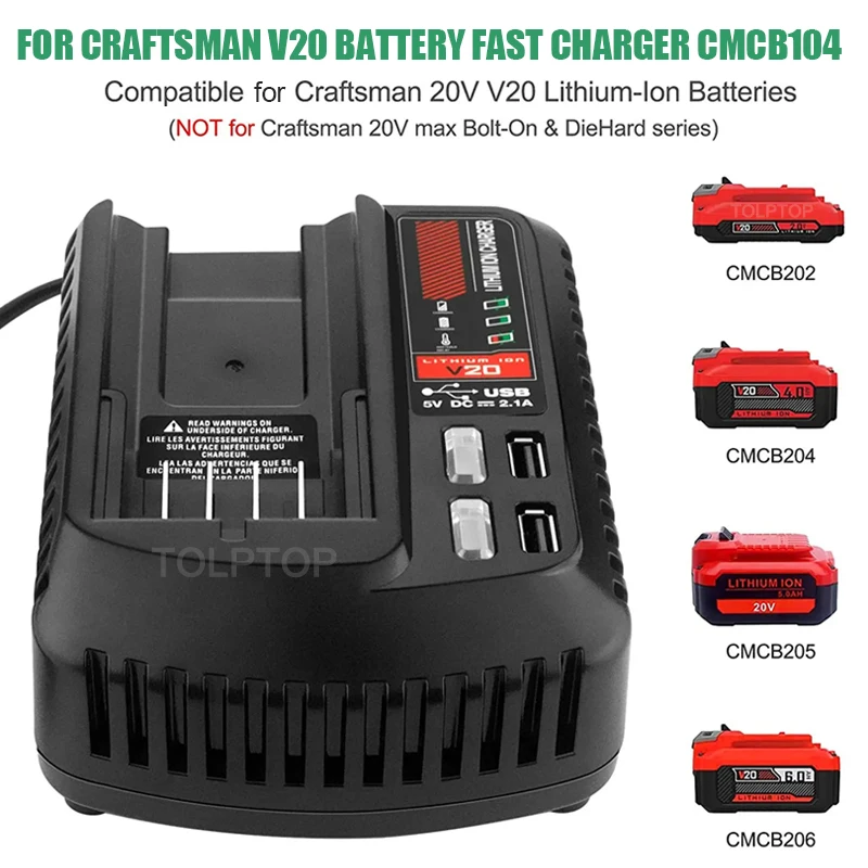 For Craftsman 20V Li-ion Battery Charger Fast Charging Replacement charger CMCB102 CMCB104 CMCB202 With Dual USB Port