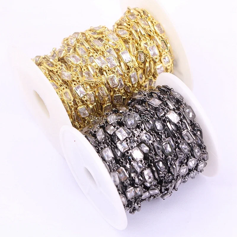 3 Meters, ZYZ177-8905 Metal Wire Wrapped Links CZ Chains, Faceted Cubic Zircon Rectangle Beads Rosary Chain Jewelry