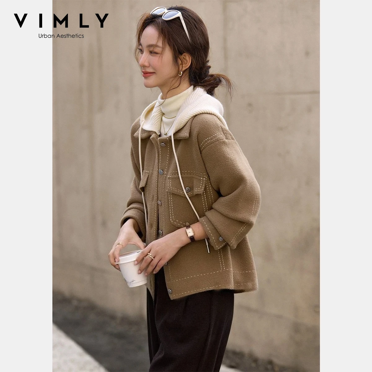 VIMLY Damenmantel 2025, neue abnehmbare Kapuze, kontrastierende Spleißen, sichtbare Nähte, Jacken, vielseitige Damen-Winterkleidung 30580