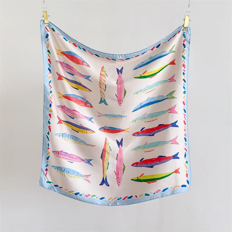 Countryside literary-style printed imitation silk square scarf, silk scarf, shawl, sun protection headscarf, beach towel, necker