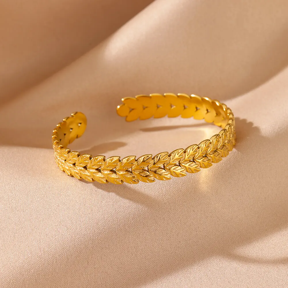 Vintage Leaves Bangle Bracelets for Women Stainless Steel Gold Color Bracelet Female Classic Plant Aesthetic Couple Jewelry Gift