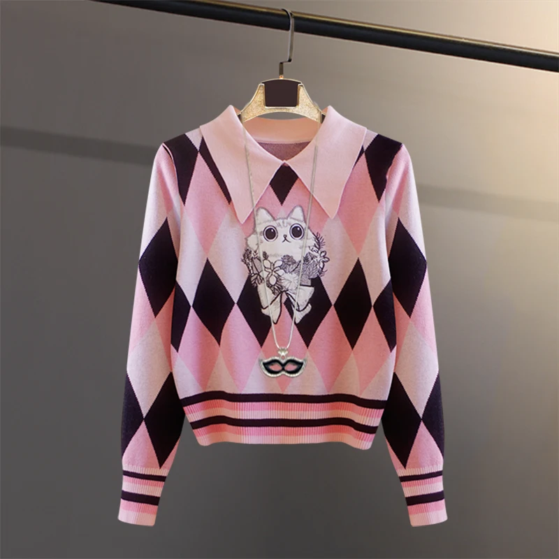 Vintage Cartoon Embroidery Diamonds Knit Pullover Sweater Women Autumn Korean Fashion Contrast Color Kntiwear Tops Jumper