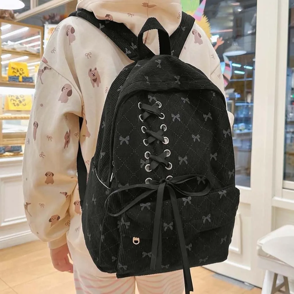 

Daypack Corduroy Bow Backpack Silk Design Casual Students School Bag Fixed Webbing Durable Large Capacity Backpack Sweet Girls