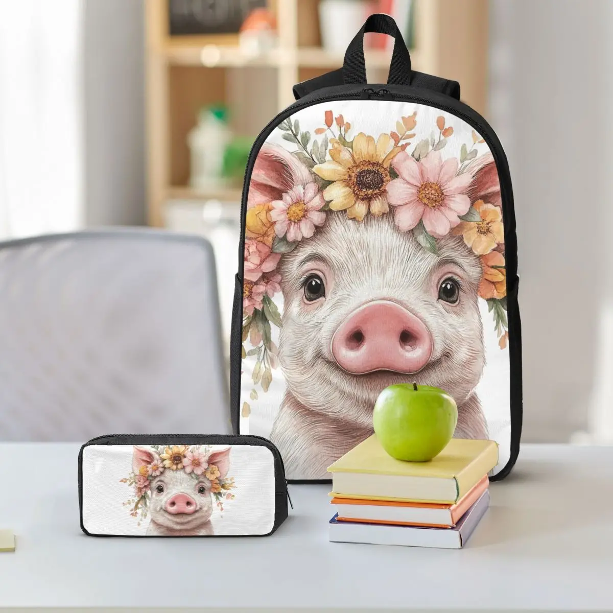 Adorable Pig And Floral Print Backpack Student BookBag School Bag Shoulder Bags 3ps Insulated Lunch Bag Pencil Case