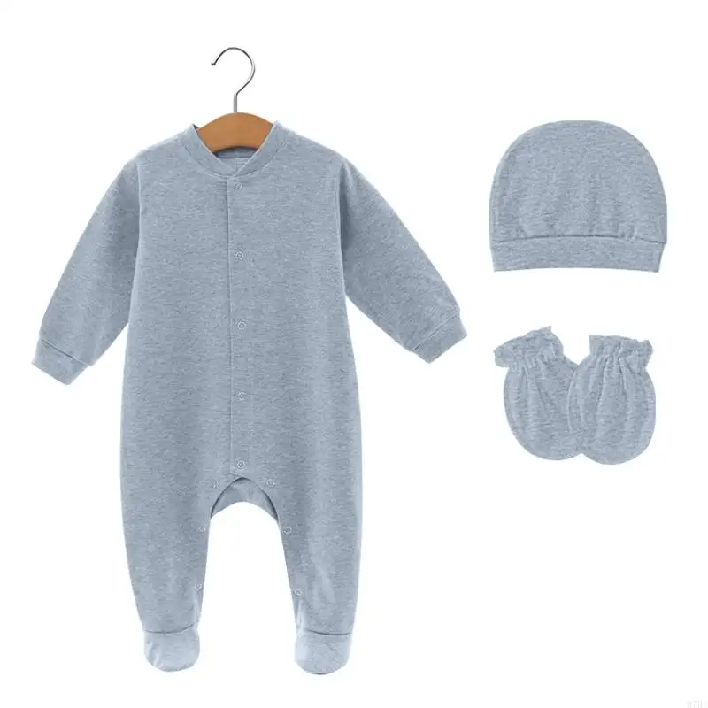 

97BE Long Sleeve Romper & Hat & Mitten Clothing Set for Infant Body Suit Baby Clothes