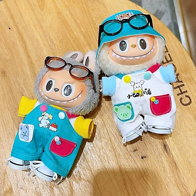 

15/17 Cm LABUBU Doll Clothes 1st 2nd 3rd Gen Overalls Puppy Bear Glasses Short Sleeve Spring Autumn Outfits For Cotton Dolls