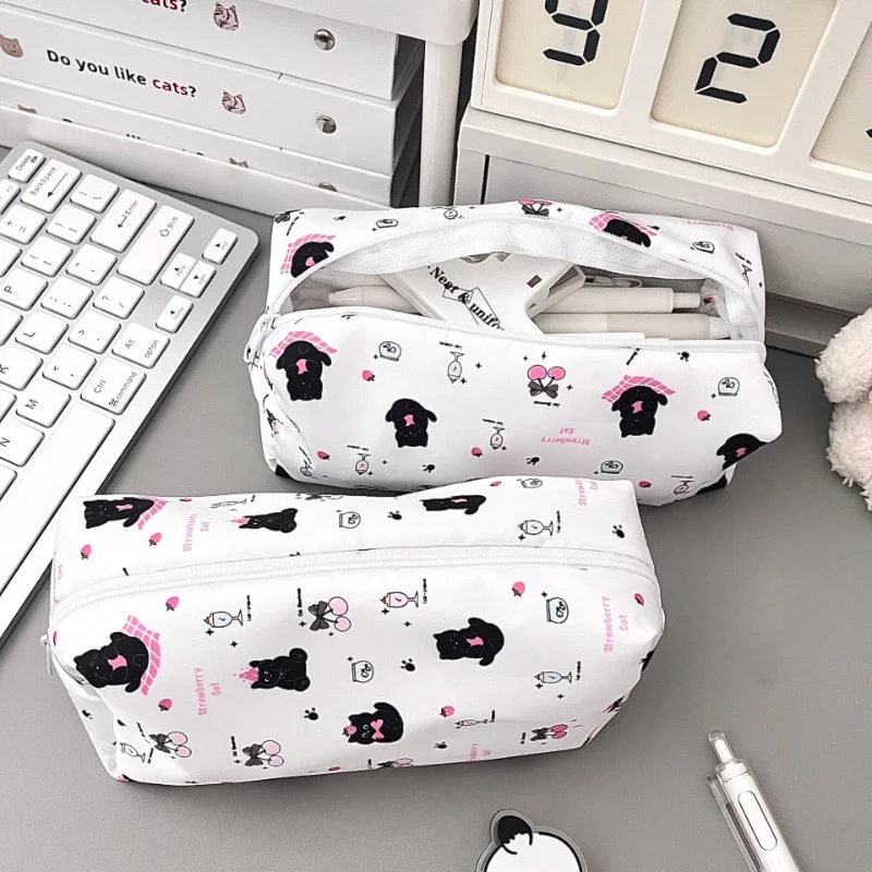 1PC Cute Cartoon Line Bear Printed Pen Bag Portable Large Capacity Pencil Case Stationery Bag Multi-function Storage Bag