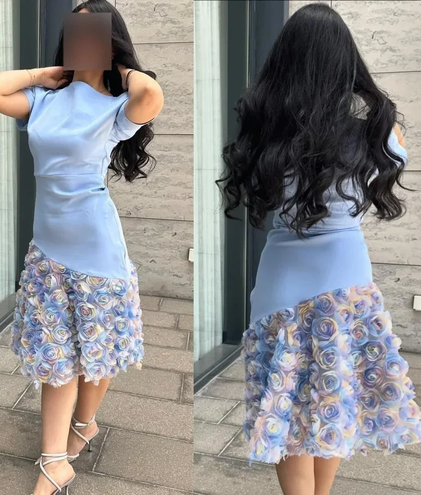 

Customized Graceful Jersey A-Line 3D Flowers Evening Dress Classic Short Sleeves O-neck فساتين سهرات Custom Size