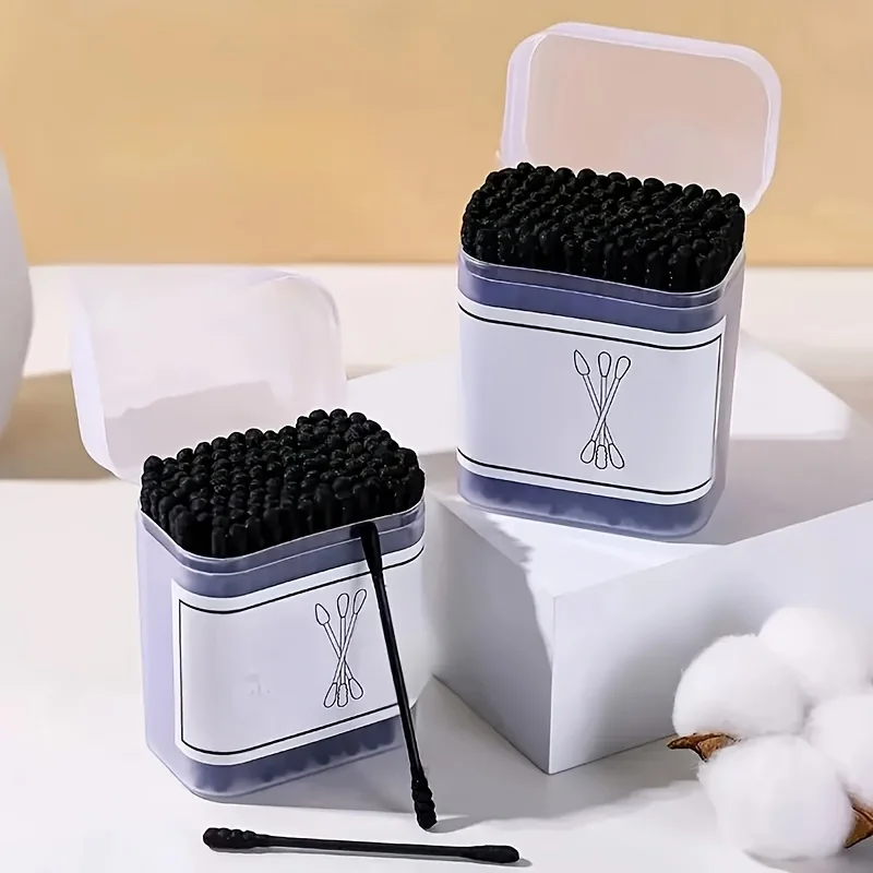 

100 Double Headed Cotton Swab Ear Spoons - Black Boxed Disposable Cotton Swabs Without Fragrance