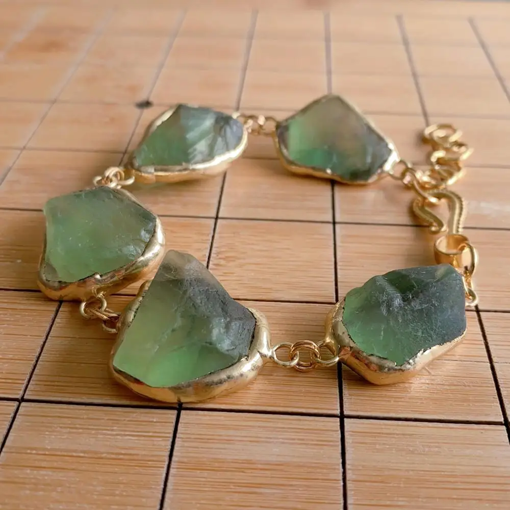 YYGEM  20x27mm Natural Green Fluorite Rough Raw Brushed Coin Bead Bracelet Gemstone Jewelry