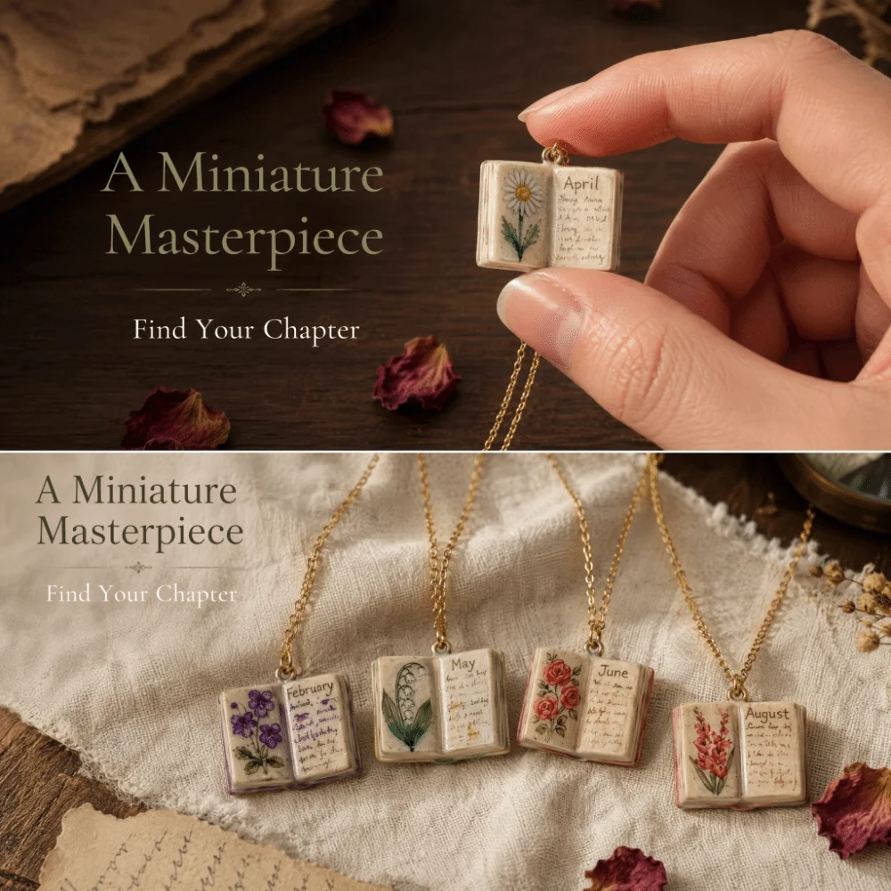 Antique Porcelain Book Pendant Necklace Vintage Style Copper Design Pendant Necklace Design Sense Hand-painted Book Necklace
