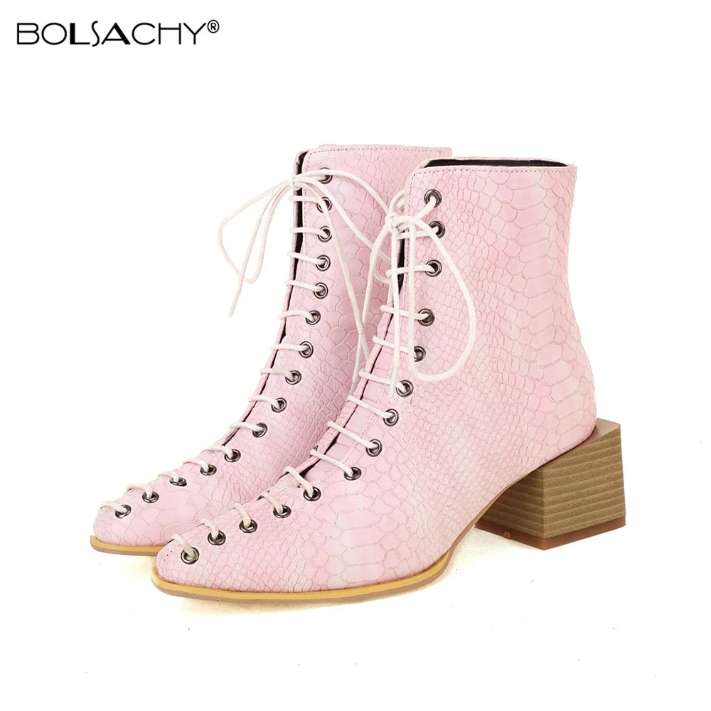 

Women Autumn Winter Pink Ankle Boots European Square Toe Thick Heel Solid Platform Casual Serpentine Lace-up Booties Mujer 2025