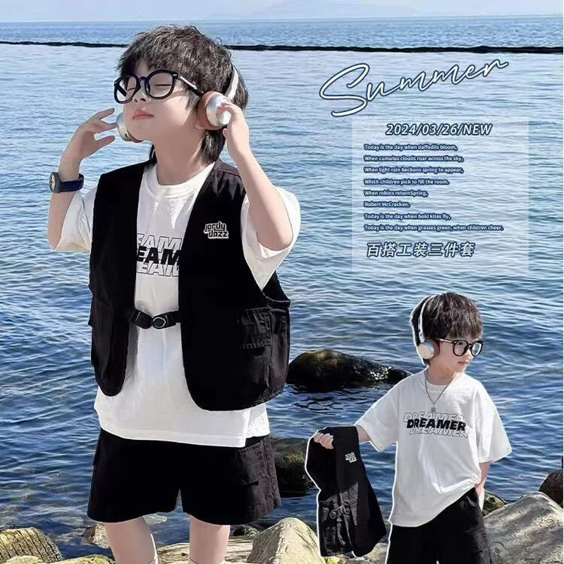 

3 PCS set Summer Boy Clothing set Letter Shirt+overalls Shorts + Vest Kid Children baby toddler Gentleman Handsome clothes 2-9 y