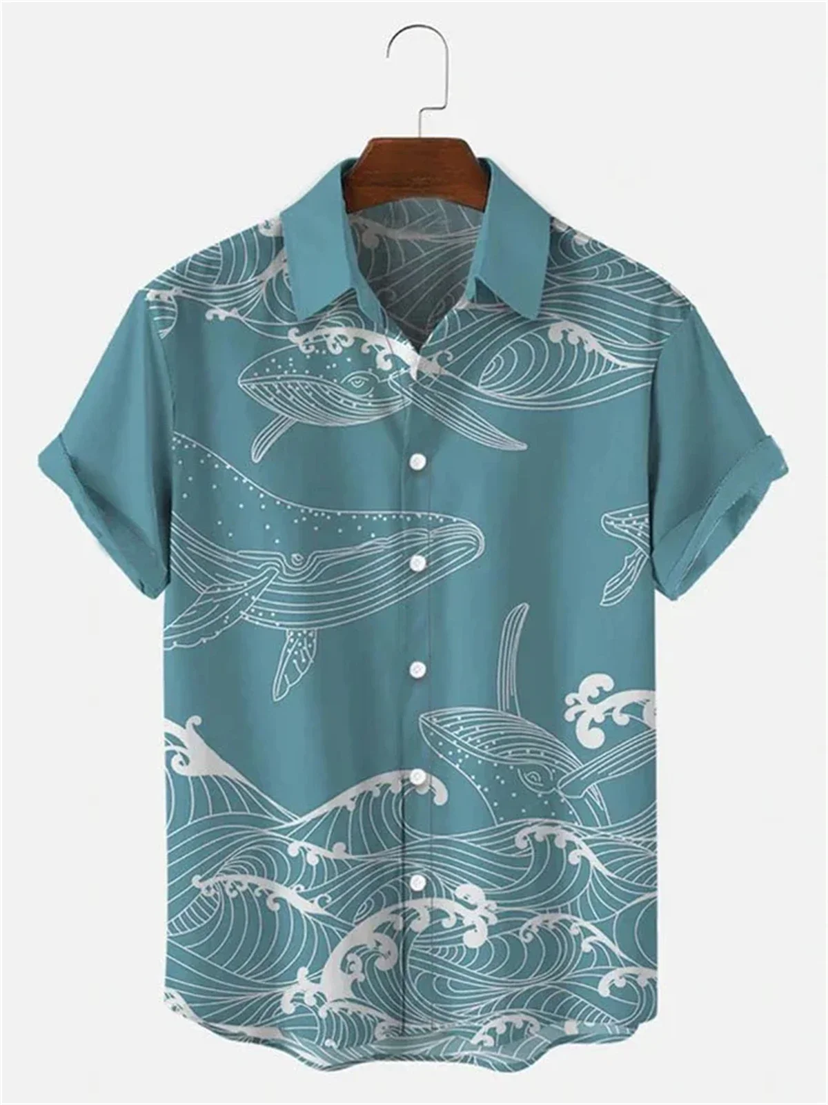 

2024 New Large Size Hawaiian Men's Short Sleeve Shirt Whale Spray Print Beach Fashion Men's Lapel Top Casual Men's Shirt