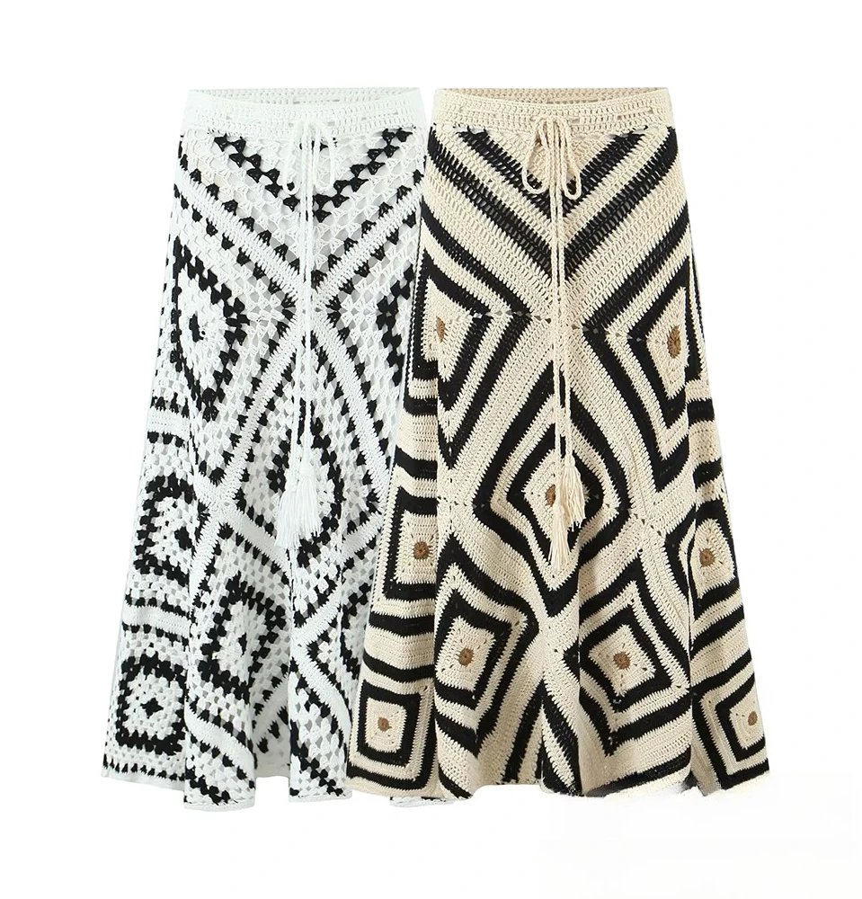 

KONDALA Elegant Lady Handmade Knitted Skirts Lace-up Vintage Pattern Midi Skirt 2025 Spring Fall Fashion Casual Chic Women Skirt