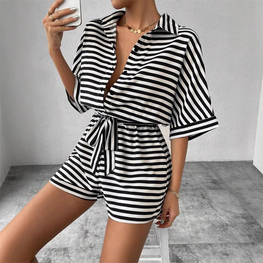 2025 nova moda impressa camisa de manga curta + shorts conjuntos de duas peças feminino verão casual solto listrado topo shorts conjunto para mulher
