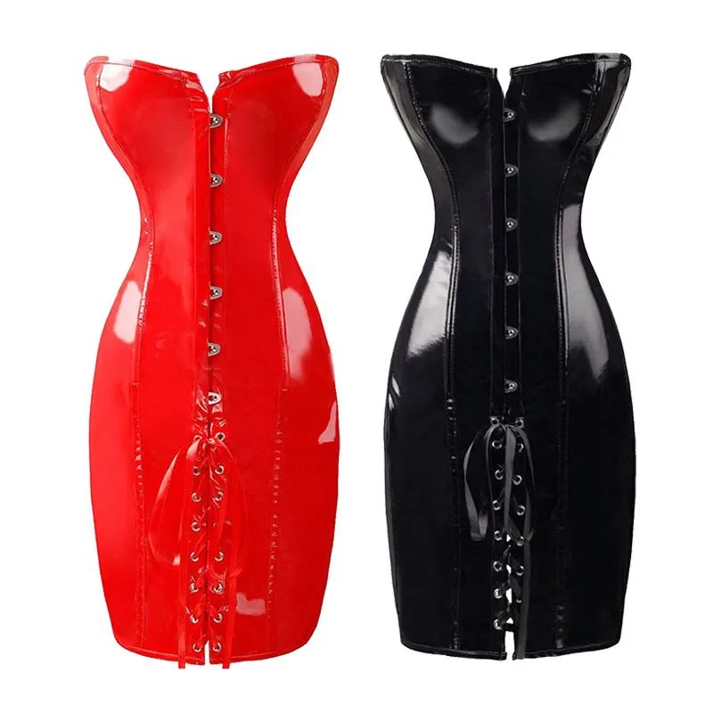 Kobiety Steampunk PVC Gorset Sukienka Body Slim PU Leather Gorset Gothic Punk Długi bez ramiączek Tors Bustier Club Winylowa sukienka lateksowa