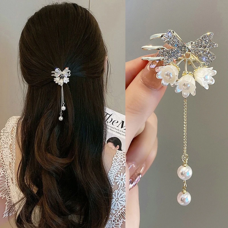 Rhinestones Lily Of The Valley Tassel Hairpin Luxurious Artificial Pearls Fashionable Hair Claw For Women