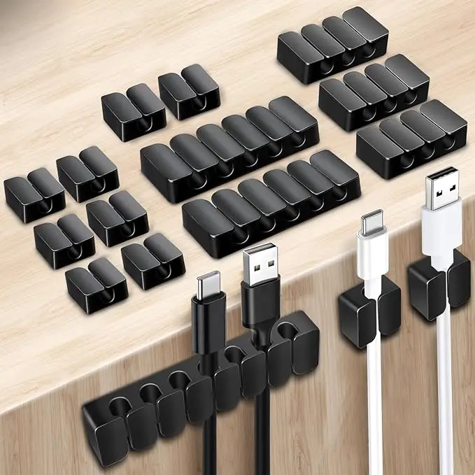 Cable Clip Cord Organizer Black Cable Management Cord Clip Silicone Self-Adhesive Charger Cord Clip for Bedside Table Compartmen